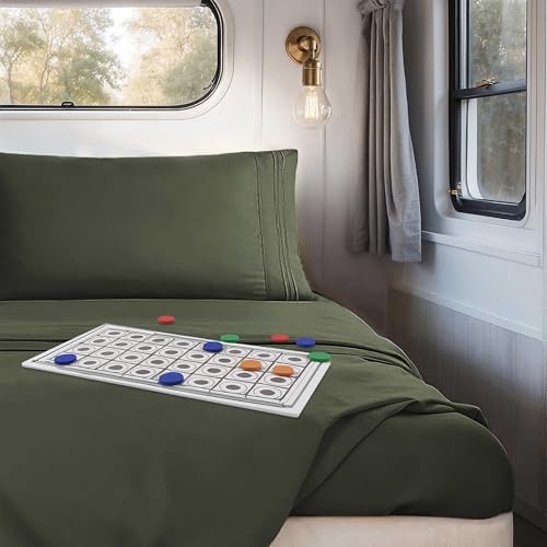 Image of Nestl Olive Green Short Queen Sheets for RV, Hotel Luxury RV Queen Sheets Set, 4 Piece Fitted Bed Sheet Set and Pillowcases, Super Soft, Wrinkle-Free, and Breathable Camper Bedding