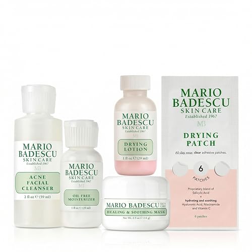 Mario Badescu Good Skin Is Forever & Clear 5-Piece Set Acne Facial Cleanser Drying Lotion Pimple Patch Oil-Free Moisturizer & Soothing Face Mask for Oily & Blemish-Prone Skin