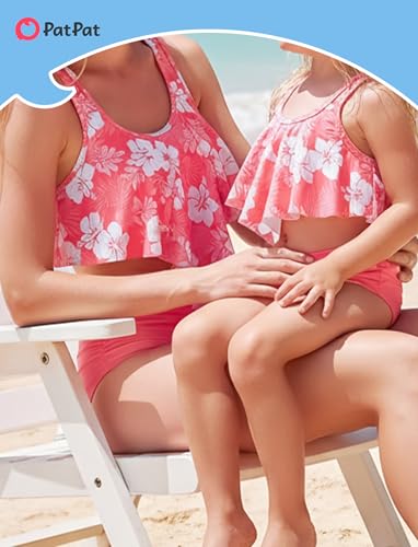 Image of PATPAT Family Matching Swimsuits Two Piece Hawaiian Tropical Beach Bikini and Swim Trunks Set Mommy and Me Bathing Suits