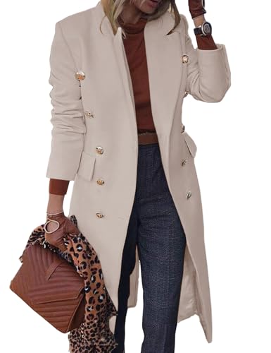 Image of IDEALSANXUN Wool Coats for Women 2025 Fall Winter Dress Peacoat Long Trench Coat Double Breasted Blazer Jackets Overcoat, Beige, L