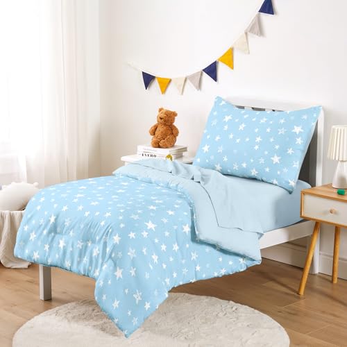 Image of Wake In Cloud - Toddler Bedding Set for Boys Girls, Cute Star Polka Dot, 4 Pieces Soft Crib Bed Set Including Comforter, Sheets and Pillowcase, Sky Blue