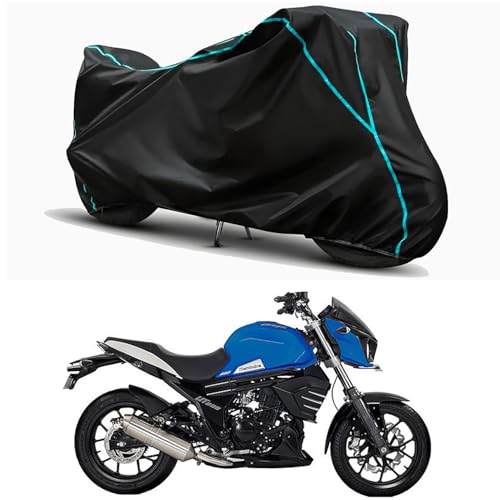 Image of Waterproof Bike Body Cover Compatible for | Mahindra Mojo UT 300 BS6 | Taffeta Fabric, Sky Piping Design, Bottom Elastic Fit | Dustproof, Sun UV & Rain Protection for All Weather.
