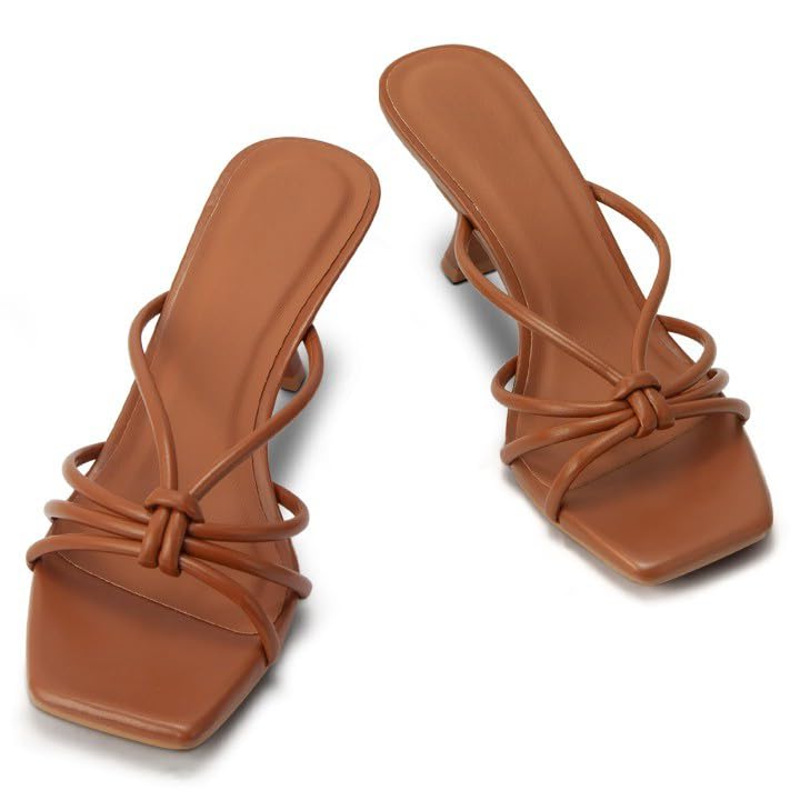 Women's Minimalist Tied Strappy Kitten Heel Sandals, Square Open Toe Slip-on Low Heel Mules, Elegant Summer Dress Shoes for Party, Evening, and Casual Wear, Multicolor4