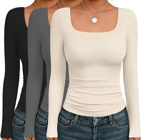 Ekouaer Womens 3 Pack Long Sleeve Shirts Square Neck Basic Tops Fitted Tee Thermal Undershirts XS-XXL