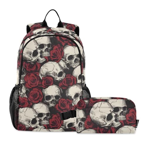 Skulls Roses Backpack Lunch Bag Set for Travel Hiking Picnic, Backpacks with Insulated Lunch Box