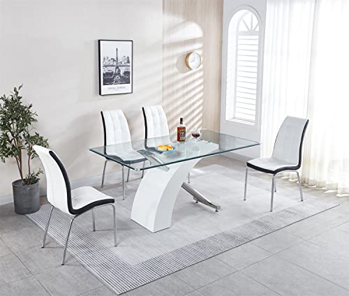Modern Glass Dining Table, 63" Rectangle Kitchen Dinner Table With Tempered Glass Tabletop And Stainless Steel Base, Large Long Dining Room Table For 6 #TOP2