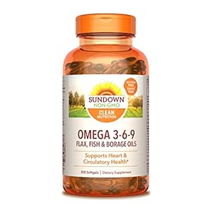 Sundown Omega 3 6 9, with Flax, Fish and Borage Oils, Supports Heart and Circulatory Health, 200 Softgels (Packaging May Vary)