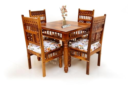Image of BN Furniture Solid Sheesham Wood 4 Seater Dining Table Set | 34x34 Inch Square Table | Honey Finish Wooden Dining Set with Floral Cushioned Chairs for Home & Apartment