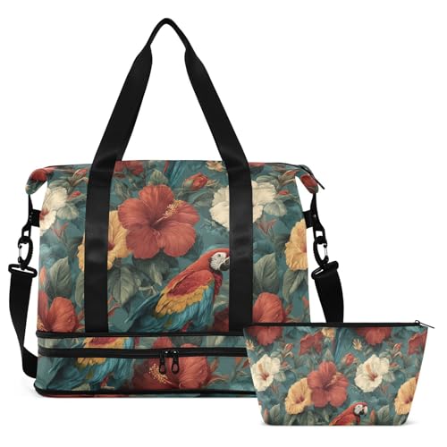 ALAZA Vintage Parrots Tropical Hibiscus Flowers Gym Bag Sports Duffel Bag with Shoes Compartment, Overnight Weekender Travel Tote Bag for Women Men Trip College2