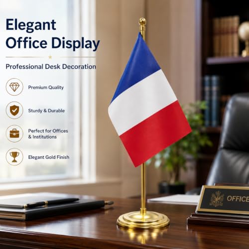 Image of The Flag Company Gold Acrylic Pole with Round Base | Desk Flag for Office, Reception & Home Decor (France)