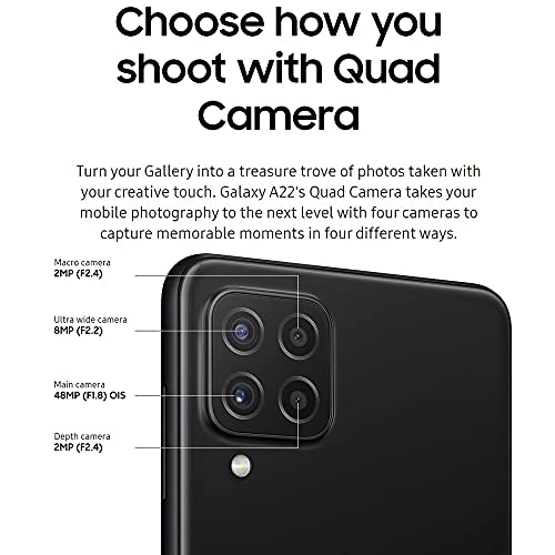 Samsung Galaxy A22 4G Lte (Not 5G) 6.4" Hd+ Quad Camera 5000Mah Battery, Dual Sim Gsm Unlocked Global 4G Volte (Not Verizon/Boost) International Model A255M (Black, 128Gb+6Gb) #TOP6