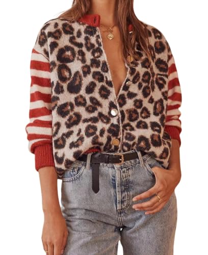 CHARTOU Women Leopard Stripe Print Cardigans Contrast Open Front Cardigan Sweater Outwear Coats