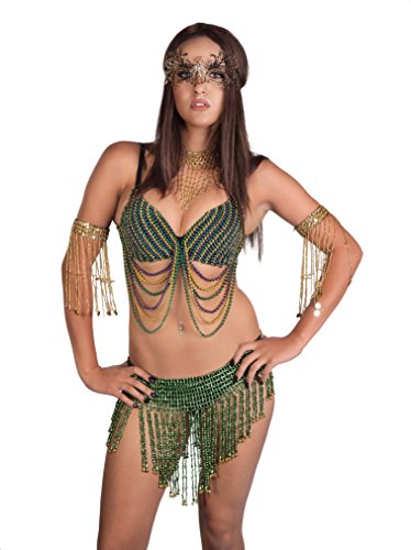 Western Fashion, inc. Sexy Mardi Gras Swag Bra Tribal Dance Purple Gold Green Beaded Exotic Rave Burning Man, Purple, Green, Gold, MDL