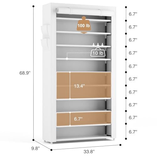 Image of ROJASOP Shoe Rack with Covers 10 Tier Large Shoe Organizer Tall Shoe Closet Storage for 50-55 Pairs Shoe and Boot, Free Standing Shoe Rack Organizer for Closet, Entryway, Bedroom, White