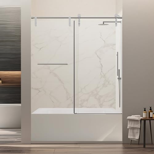 Image of 56-60 inch W x 66 inch H Frameless Bathtub Shower Door, Bathroom Single Sliding Tub Shower Glass Doors with 5 /16 inch (8mm) SGCC Tempered Glass, Stainless Steel Handle and Heavy Duty Frame, Chrome
