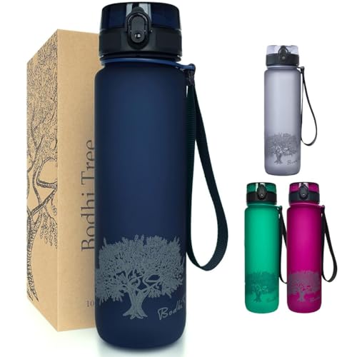 Bodhi Tree Trinkflasche 1L, hygienischer Deckel mit Sicherheitsclip, leichte langlebige Sportflasche, 1-Klick-Öffnung, umweltfreundlich, geschmacksneutral, ideal für Outdoor, Blau