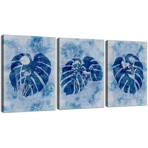 3 Piece Leaf Wall Decor Plant Wall Decor Plant Wall Art Leaf Wall Art Cyanotype Wall Art Monstera Leaf Bathroom Decorplant Pictures Wall Art Plant Poster for Room Decor (24''Wx36''Hx3PCS) Cover