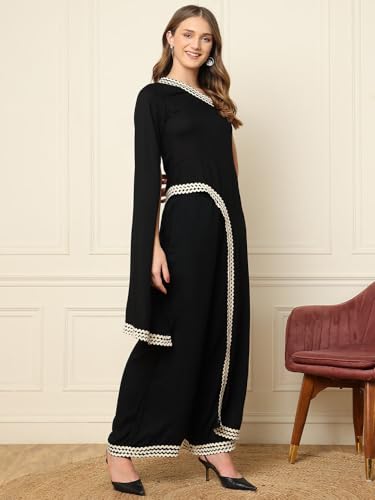 Image of DEEBACO Women's Solid Rayon Ankle Length Tunic & Palazzo|Cape Sleeve|Cord Set for Women Fashion|Long Jumpsuits Western Dress for Women Stylish Two Piece Co ord Set|Casual Wear(Black)