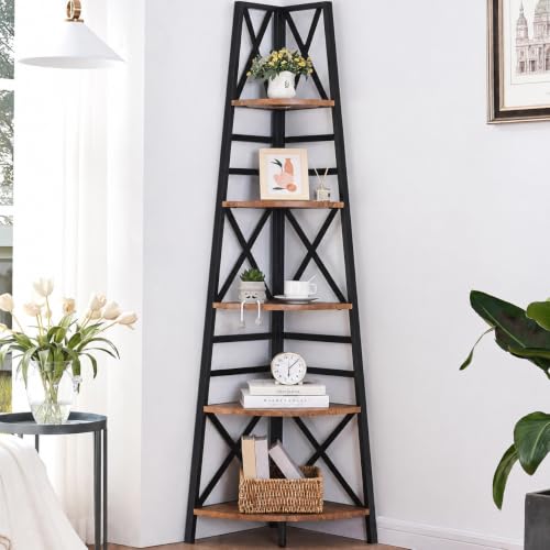 HOMBAZAAR 5 Tier Corner Shelf,72 Inch Tall Corner Bookshelf,Rustic Brown