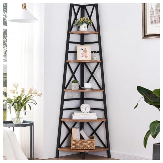 HOMBAZAAR 5-Tier Industrial Corner Bookshelf, Vintage Wood Look Accent with Metal Frame Etagere Bookcase, Freestanding Tall Ladder Shelf Display Organizer Home Office, Rustic Brown Finish