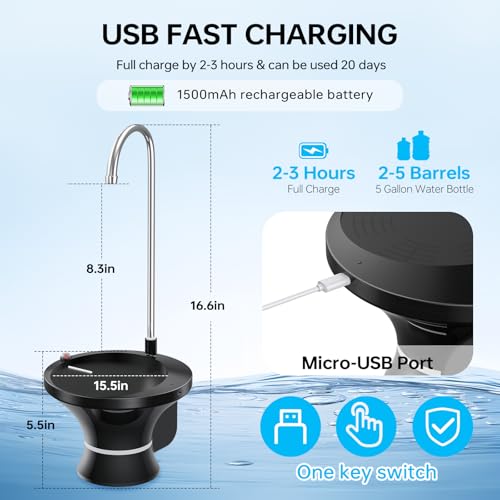 Image of Drinking Water Dispenser Pump, Automatic Electric Drinking Water Bottle Pump for 2-5 Gallon Water Jugs, USB Rechargeable with 2 Switch Control, Stable and Portable for Home, Kitchen, Office, Camping
