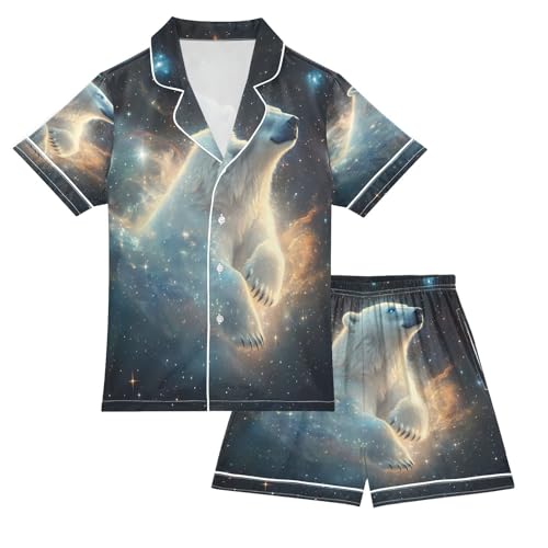 ALAZA Polar Bear Starry Sky Space Satin Pajamas Set Short Sleeve Button Down Sleepwear Summer Pjs 2 Piece