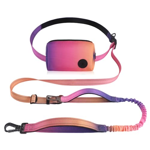 Roses&Poetry Hands Free Dog Leash with Zipper Pouch, 6-9ft Bungee Waist Leash for Medium Large Dogs Walking, Running Lead with Dual Padded Handles Car Safety Buckle for Training Jogging