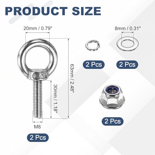 Image of PATIKIL M8 x 30mm Shoulder Eye Bolt, 2 Pcs 304 Stainless Steel Lifting Ring Threaded Eye Bolt with Flange Lock Nuts Spring and Flat Washers for Hanging Tie Down Straps Outdoor Indoor