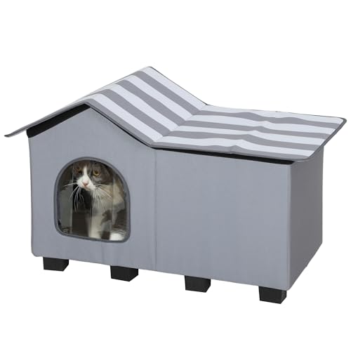 PawHut Cuccia per gatti selvatica da esterno, resistente alle intemperie, con base rialzata e cuscino per l'inverno, con piattaforma superiore, per interni ed esterni, grigio