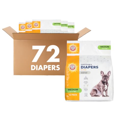 Image of Arm & Hammer Disposable Female Dog Diapers, Medium, 12 Count, 6-Pack | Leak-resistant fit with wetness indicator for incontinence and heat cycles, fits 16.5-21 inch waist