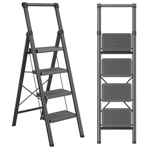 DIAMONDFORGE 4 Step Ladder with Handle, Foldable Step Stool for Adults - Extra Wide Non-Slip Pedal, Sturdy Reinforced Construction & Rubber Feet, for Home and Kitchen Use, Black
