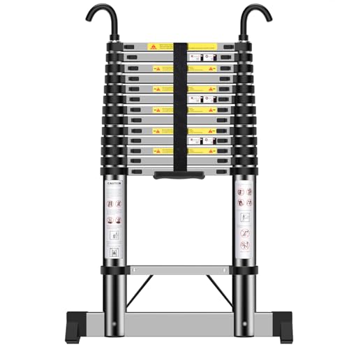 Teleskopleiter 4,7m, Handliche Leiter mit Haken und Stabilisatoren, Höhenverstellbar, für die Tägliche Pflege, Garten, Wohnwagen usw.