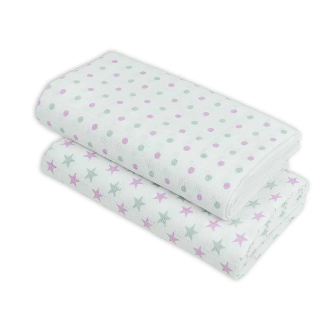 MuslinZ Baby Large Muslin Squares, Newborn Receiving Blanket, Swaddle Blanket 100x90cms 100% Cotton Soft, Breathable and Absorbent (2 Pack) (Violet/Grey Star) — image 1