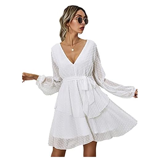 MakeMeChic Women's Swiss Dot Belted Bishop Sleeve High Waist A Line Dress White S