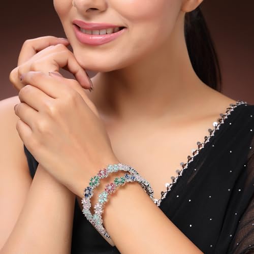 Image of ZENEME Rhodium Plated Silver Toned Floral Shaped American Diamond Studded Bangles Set Of 2 For Women & Girls
