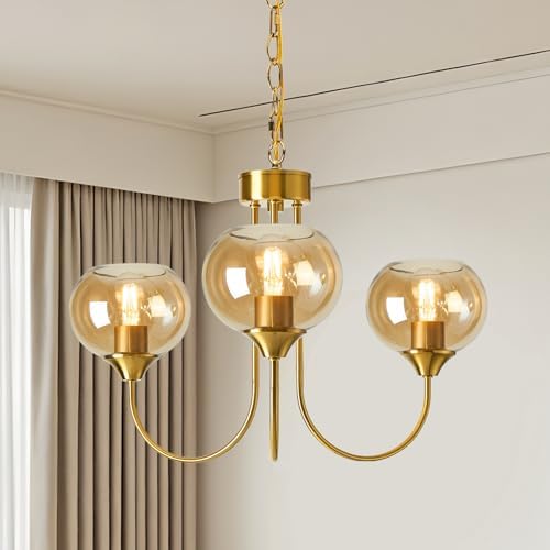 Mid Century Modern Globe Chandelier 3 Light Amber Glass Vintage Sputnik Chandeliers Gold Pendant Light Fixtures for Dining Room Kitchen Living Room Bedroom