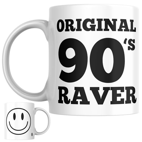 90'S Raver Mug | Music Lover Gift Mug – Original 90's Raver, Gift for a Music Lover, Clubber, DJ, Vinyl Junkie, Old Skool Raver or Lover of The Rave Scene (Smiley Face)