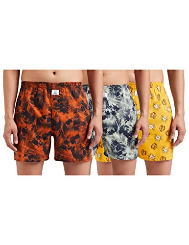 Longies Men’S Pure Cotton Regular Printed Boxer Shorts (Pack Of 3)(Yellow, Grey, Orange, Medium )