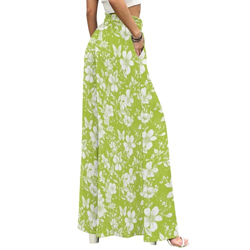 Palazzo Pants for Women Casual High Waist Wide Leg Floral Elastic Lounge Trousers with Pockets3