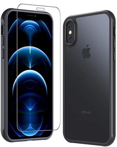Hülle für iPhone X, Matt Transluzente Hülle iPhone XS Militärschutz Stoßfeste Schutzhülle mit Panzerglas für iPhone X/XS Anti-Fingerabdruck Kratzfeste TPU Bumper iPhone X Hülle (Schwarz)