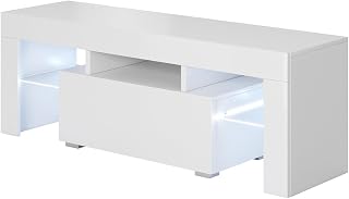 MB Muebles Bonitos, Mueble TV Elio con Luz LED para Salón Moderno, 1 Cajón con Apertura Push, Mueble de Melamina Brillo, Color Blanco, 130x45x35 cm
