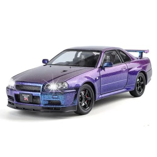 Image of 1:24 Scale Nissaan Skyline R-34 Model Alloy Metal Pull Back Toy car for Kids with Openable Doors & Light, Music Toy Vehicle for Kids (1:24 Nissaan Skyline R-34 (Purple))