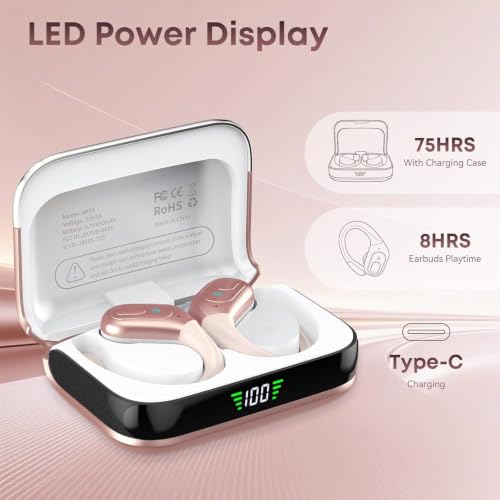 Image of sajawass Wireless Earbuds Bluetooth 5.4 Headphones, IPX7 Waterproof Earphones, Over-Ear Earphones, Noise Canceling Ear Buds with 75hr Playtime, LED Power Display for Sports /Workouts - Rose Gold