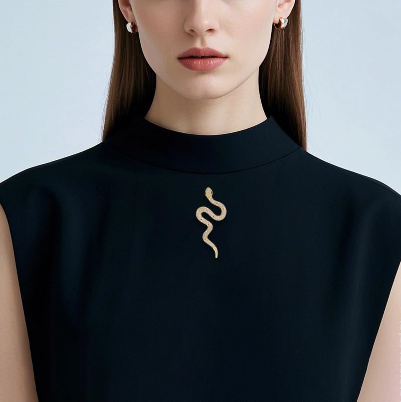 Image of Gold Snake Brooches Pins for Women Men Statement Snake Enamel Lapel Pins Crystal Rhinestone Accessories Powerful Animal Insect Clothing Coat Jacket Lapel Jewelry Gifts