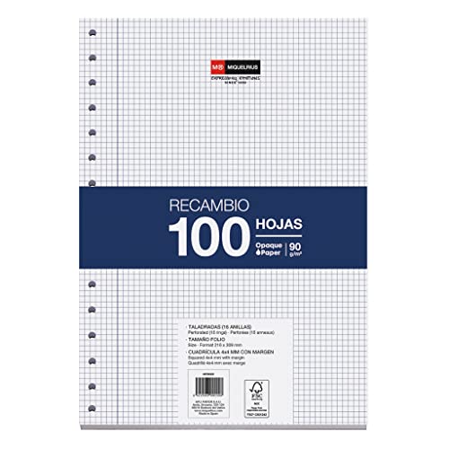 Miquelrius - Bloc de recambio 215 x 309 mm, 100 hojas cuadriculadas 4x4 mm con margen, Papel opaco 90 g/m², Recambio hojas perforadas para carpeta de anillas, Material escolar para la vuelta al cole