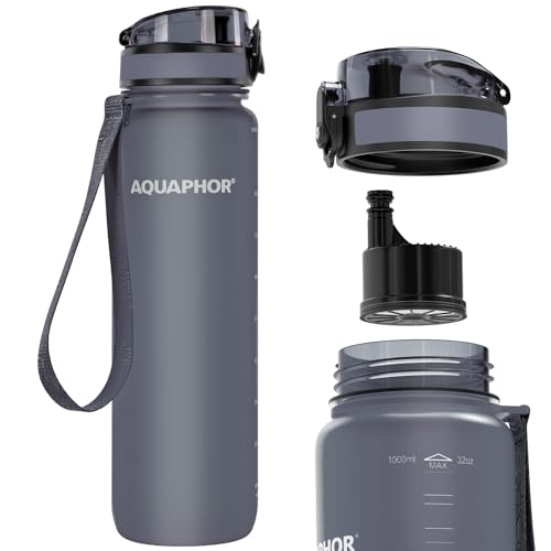 Nakii Filtered Water Bottle, Leakproof, BPA-Free, Motivational Markings, Travel, Everyday Use. 40-Gallon Filter, Replaces 300 Plastic Water Bottles. Includes 1 Filter, 22 FL Oz, Grey by Aquaphor