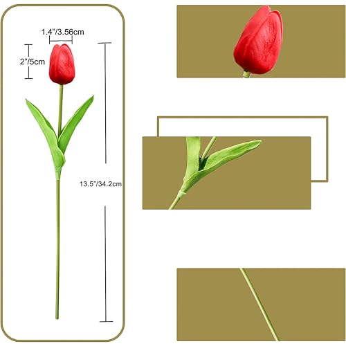 Image of ONLY ART Artificial Red Tulips 20 Pcs - 13.5 Inch PU Faux Flowers with Bendable Stems for Home Decor, Wedding Centerpieces, DIY Floral Arrangements, New Year and Valentine's Day
