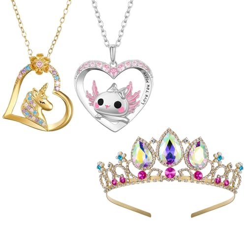 NORBU 2-Pack Axolotl Unicorn Necklace Set and Princess Tiaras for Little Girls