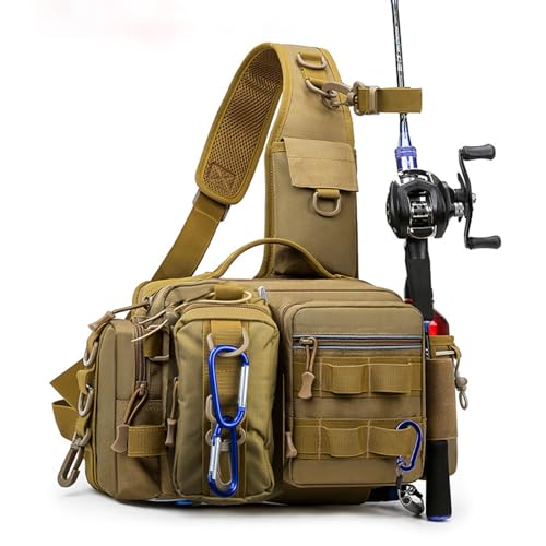 GGYCOB Fly Fishing Bag for Men Fishing Tackle Gear Storage Backpack with Rod Holder Waterproof Sling Shoulder Pack for Accessories Outdoor Camping Climbing (Wolf Brown)