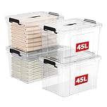 Cetomo 45L*4 Storage Boxes, Carry Plastic Storage Box with Lids, Clear Organizing Container with Handle and Secure Latches, Nestable & Stackable Tote Box for Home Office, 45L-4 Pack, Transparent